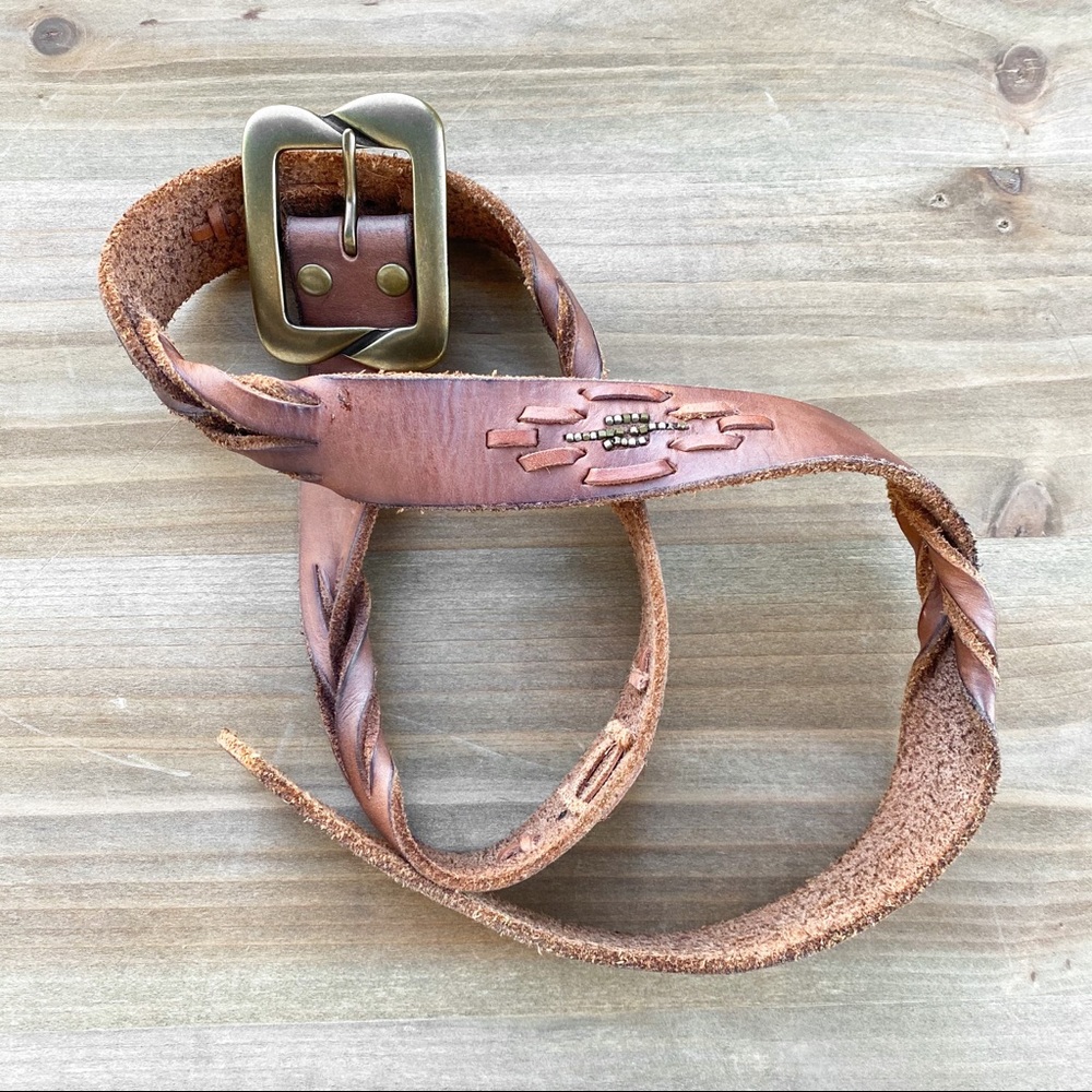 Lucky Brand Beaded Brown Leather Boho Belt Size XL